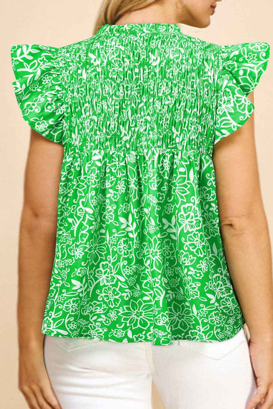 Green Floral Smocked Boho Plus Size Blouse