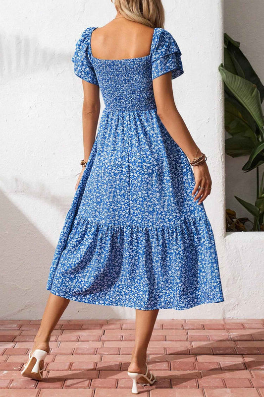 Blue Ditsy Floral Print Smocked Square Neck Ruffle Short Sleeve Dress