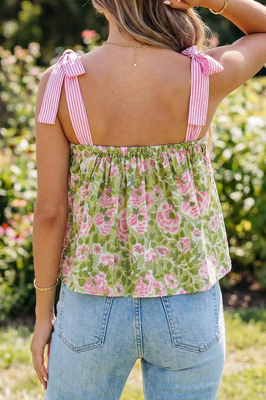 Green Floral Printed Knot Straps Babydoll Tank Top