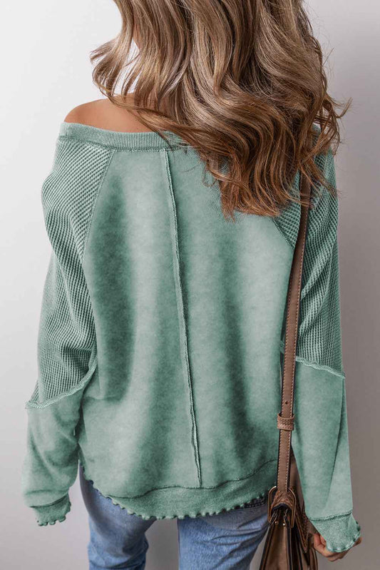 Mineral Blue Waffle Patchwork Raglan Sleeve Exposed Seam Sweatshirt