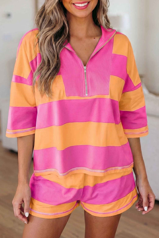 Pink Seam Detail Half Zip Tee Casual Shorts 2pcs Set