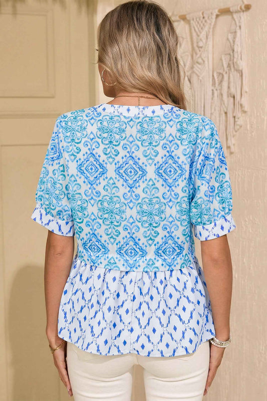 Sky Blue Boho Floral Geometric Patchwork Short Puff Sleeve Babydoll Blouse
