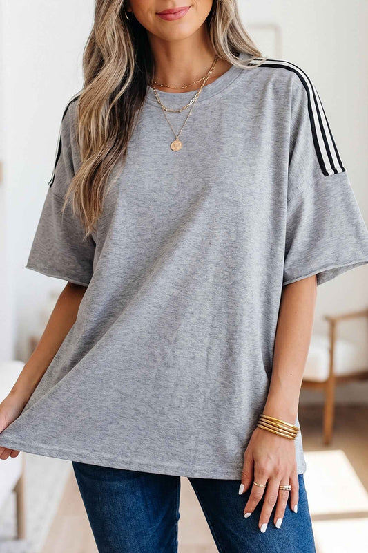 Light Grey Patchwork Detail Raw Edge Oversize Tee