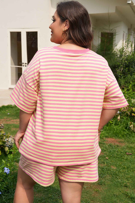 Rose Stripe Boxy Tee Drawstring Elastic Waist Plus Size Short Set
