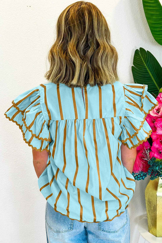 Sky Blue Stripe Ricrac Trim Double Ruffled Short Sleeve V Neck Blouse