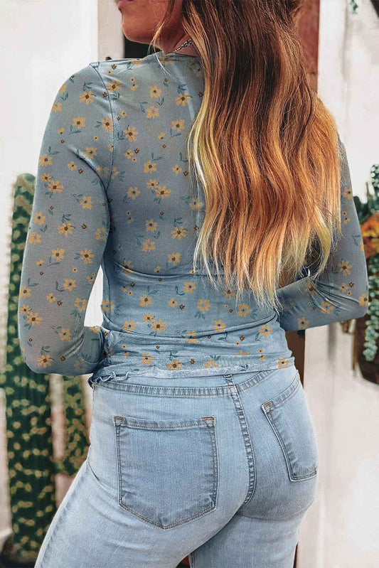 Sky Blue Floral Print Mesh Slim Fit Long Sleeve Top