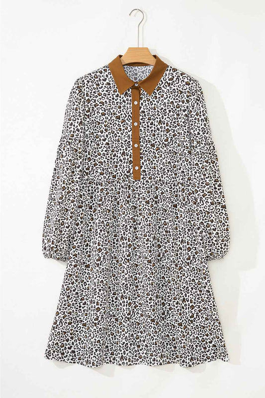 Khaki Plus Size Button V Neck Leopard Print Puff Sleeve Loose Mini Dress