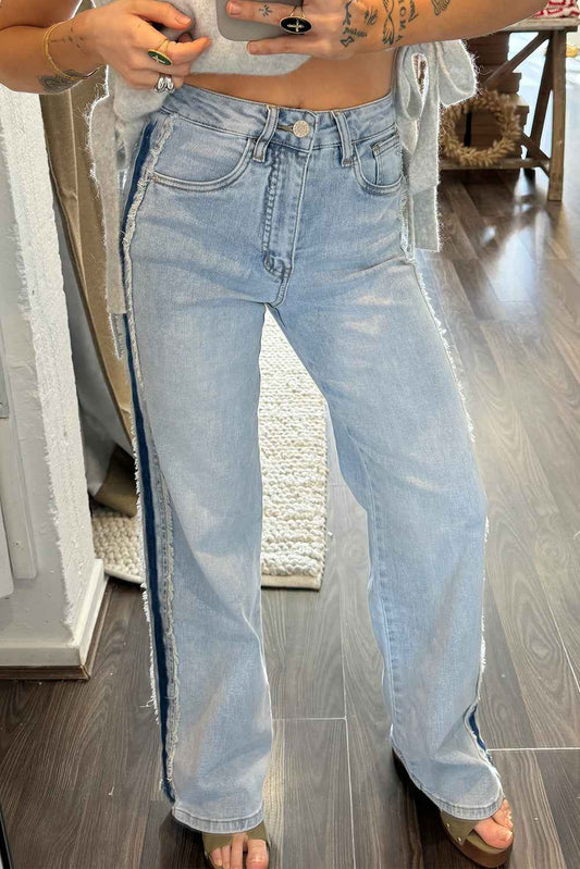 Beau Blue Contrast Stripe Frayed Side Patchwork Jeans