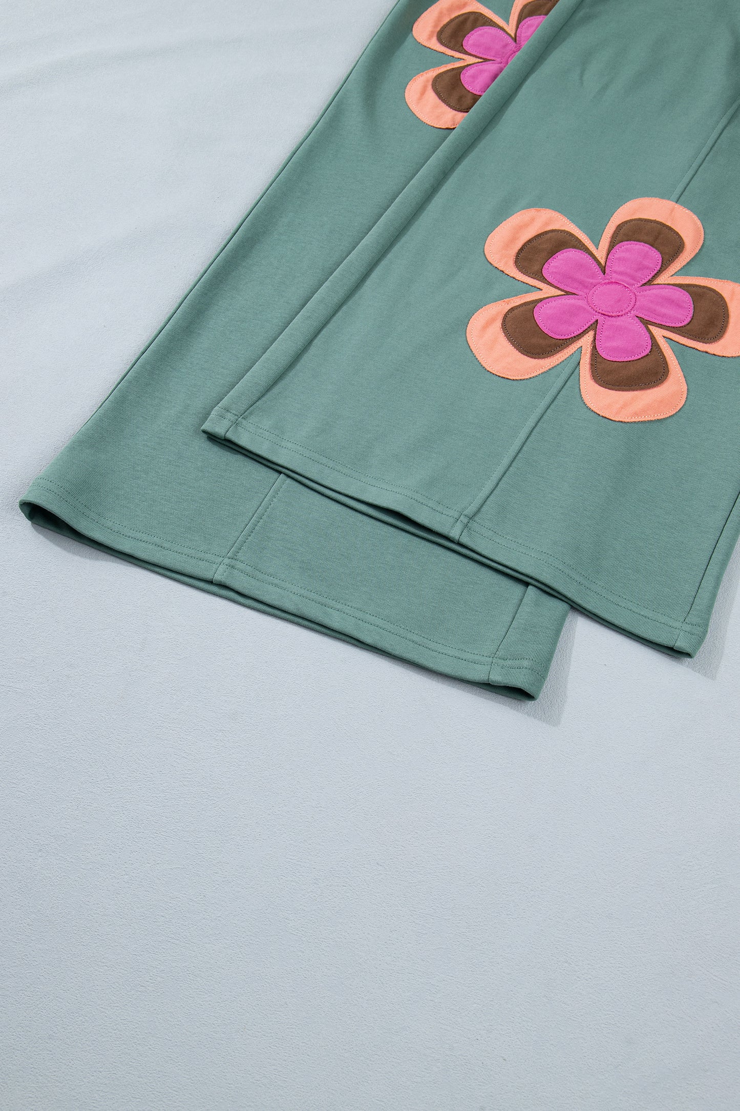 Sky Blue Color Block Flower Patchwork Drawstring Contrasted Elastic Waist Wide Leg Pants