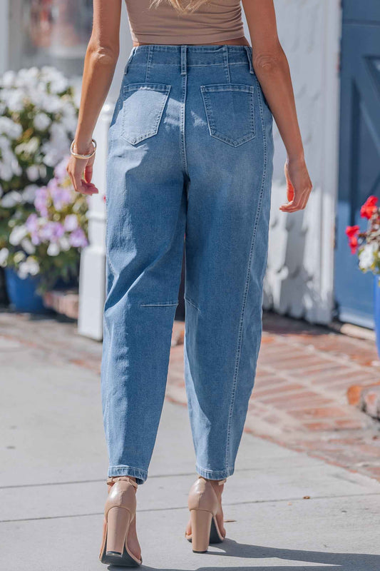 Sky Blue Medium Wash Cuffed Barrel Jeans