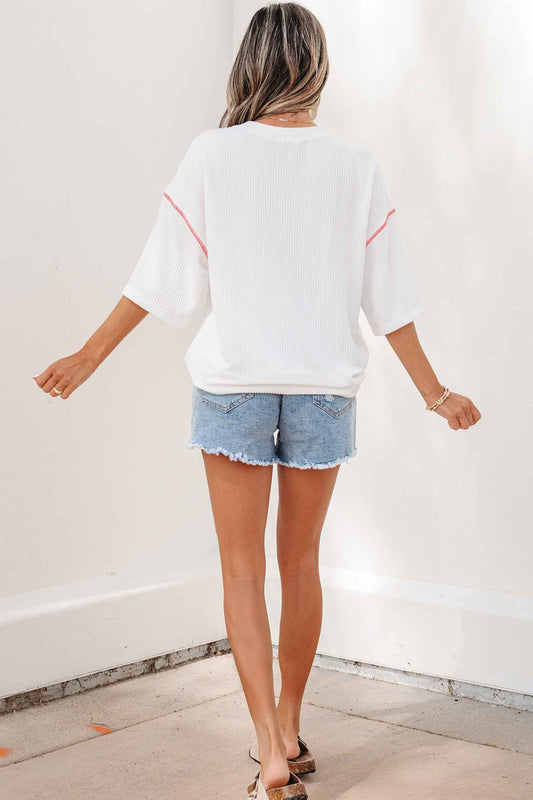 White USA Graphic Half Sleeve Loose Ribbed Top