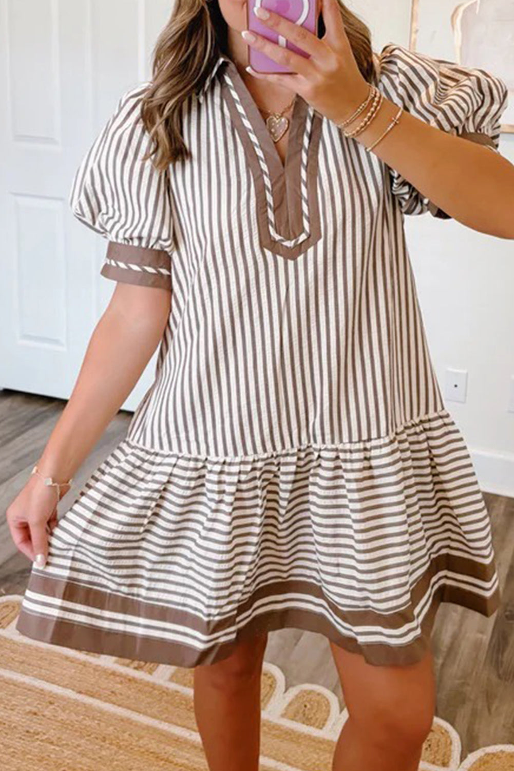 Brown Stripe Shirt Collar Color Block Patchwork Trim Ruffle Hem Short Dress