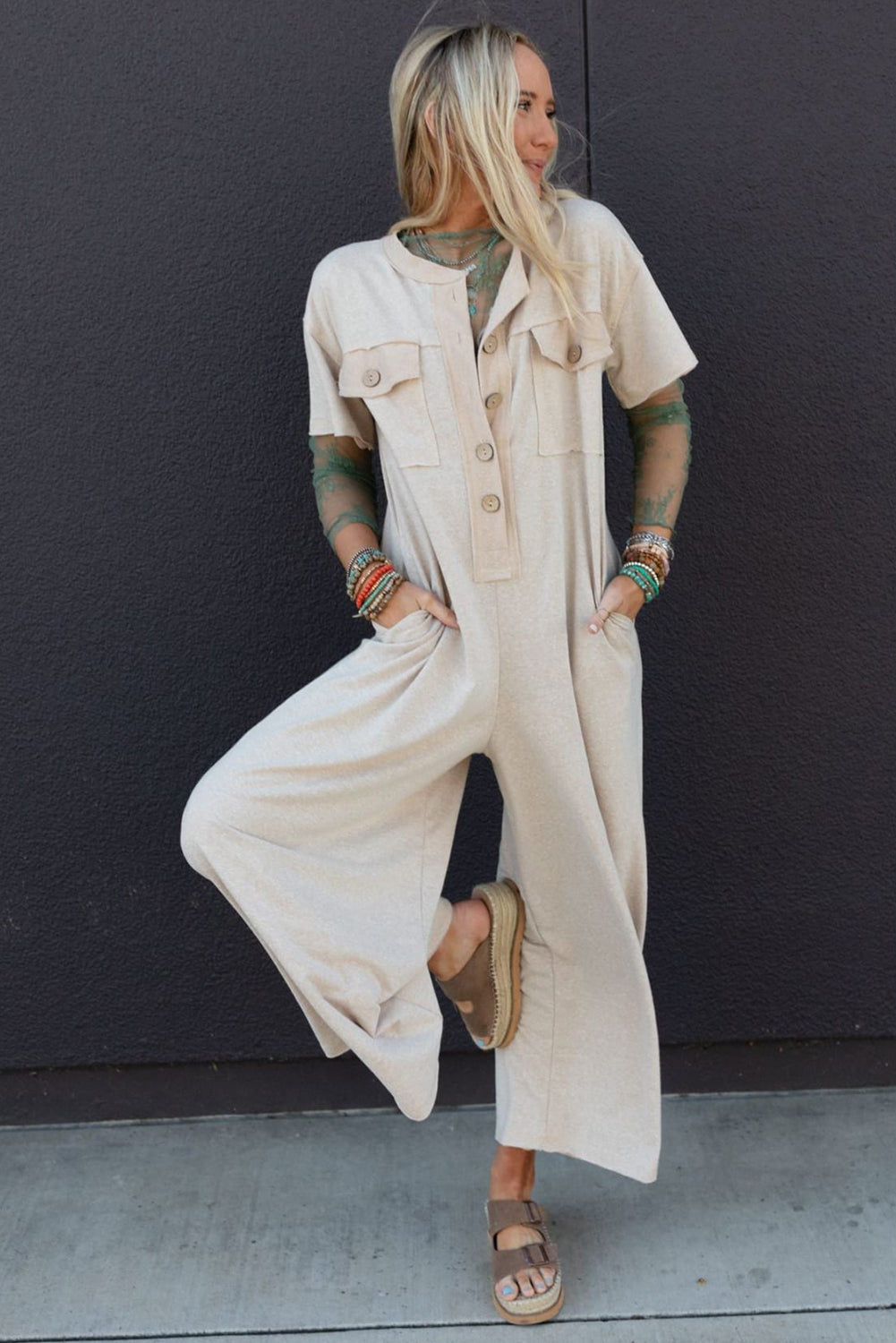 Beau Blue Half Placket Chest Pockets Short Sleeve Wide Leg Jumpsuit