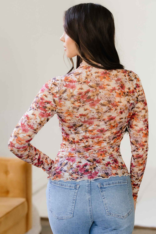 Red Lettuce Trim Floral Print Mesh Long Sleeve Top