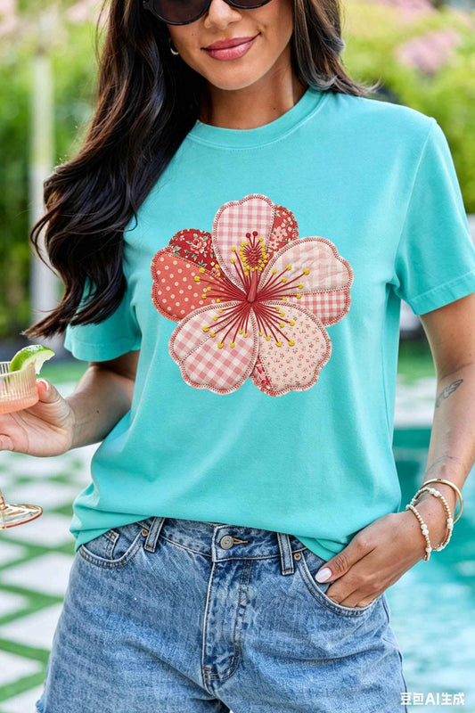 Mint Green Patchwork Floral Printed Beach Vacation Casual Tee