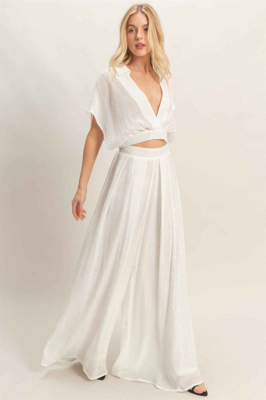Collared Wrap Top & Wide-leg Pants Set