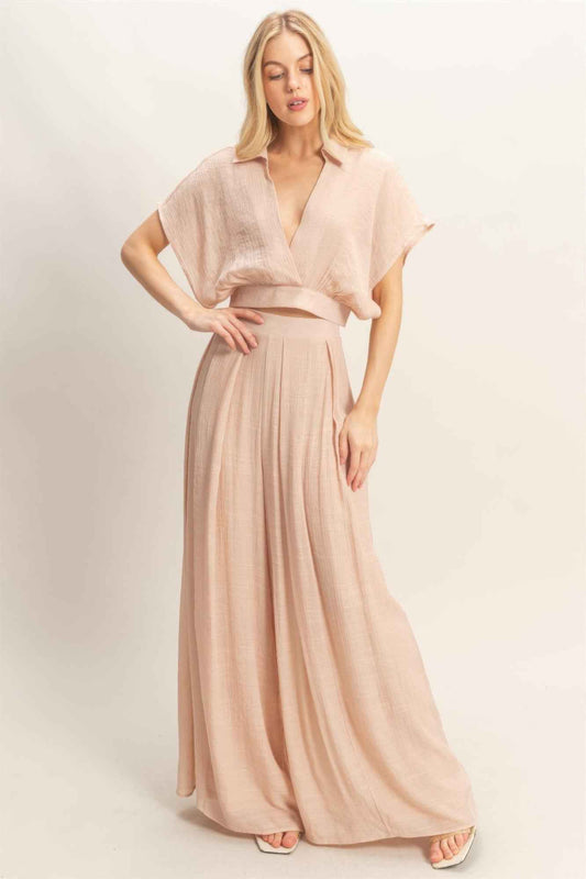 Collared Wrap Top & Wide-leg Pants Set