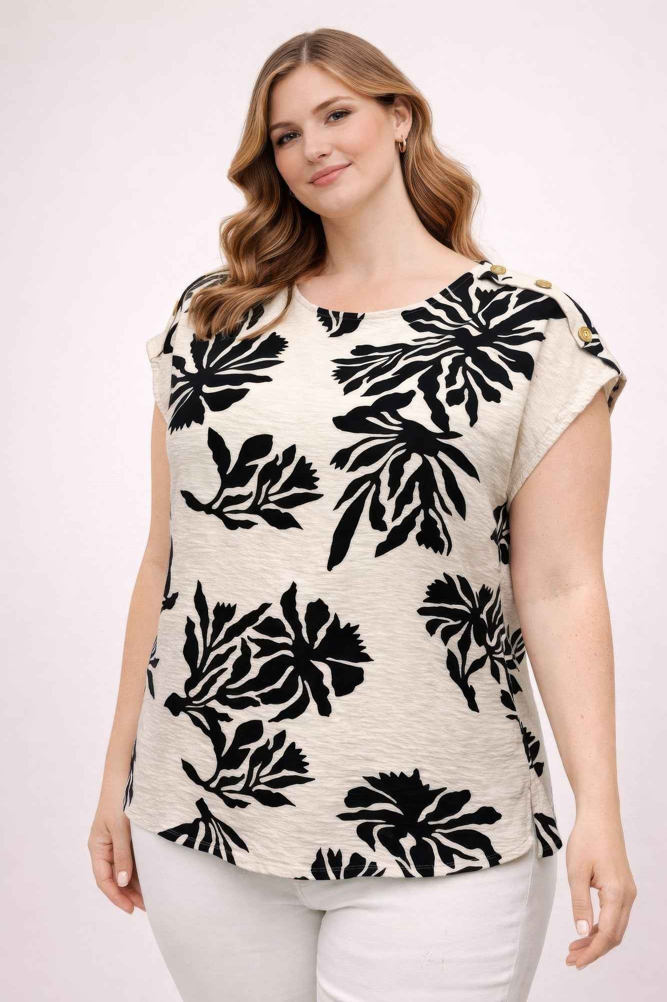 Plus Size Tropical Leaf Print Button-shoulder Top