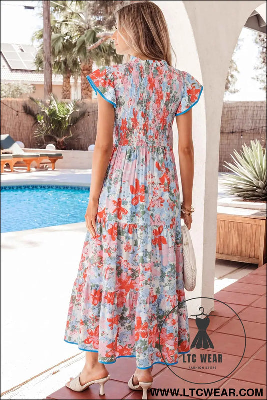 Apricot Floral Print V Neck Contrast Trim Flutter Sleeve Long Dress