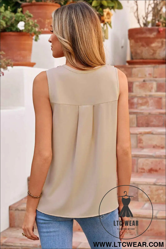 Apricot Shirred Contrast Stitch V Neck Sleeveless Shift Top
