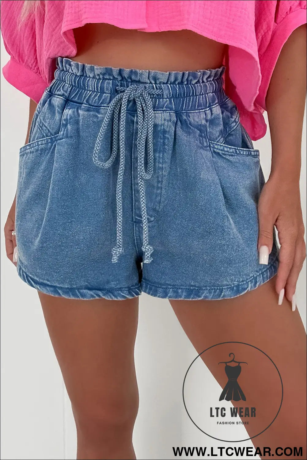 Ashleigh Blue Drawstring Elastic Waistband Casual Denim Shorts with Pockets - L.T.C Wear Online Fashion Store