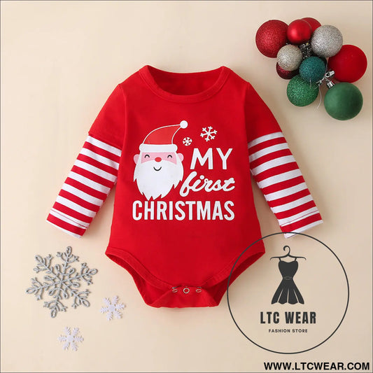 Autumn baby children’s christmas long-sleeved three-piece suit new striped pants detachable hat romper suit