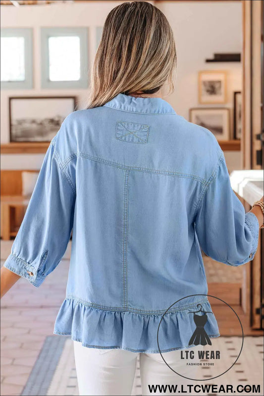 Beau Blue Half Sleeve Button Down Ruffled High Low Chambray Shirt