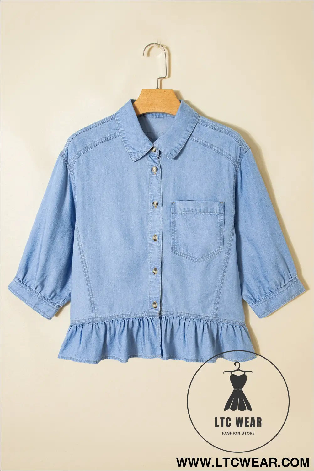 Beau Blue Half Sleeve Button Down Ruffled High Low Chambray Shirt - L.T.C Wear Online Fashion Store