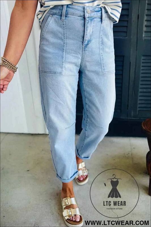 Beau Blue High Rise Barrel Relaxed Patch Pocket Jeans