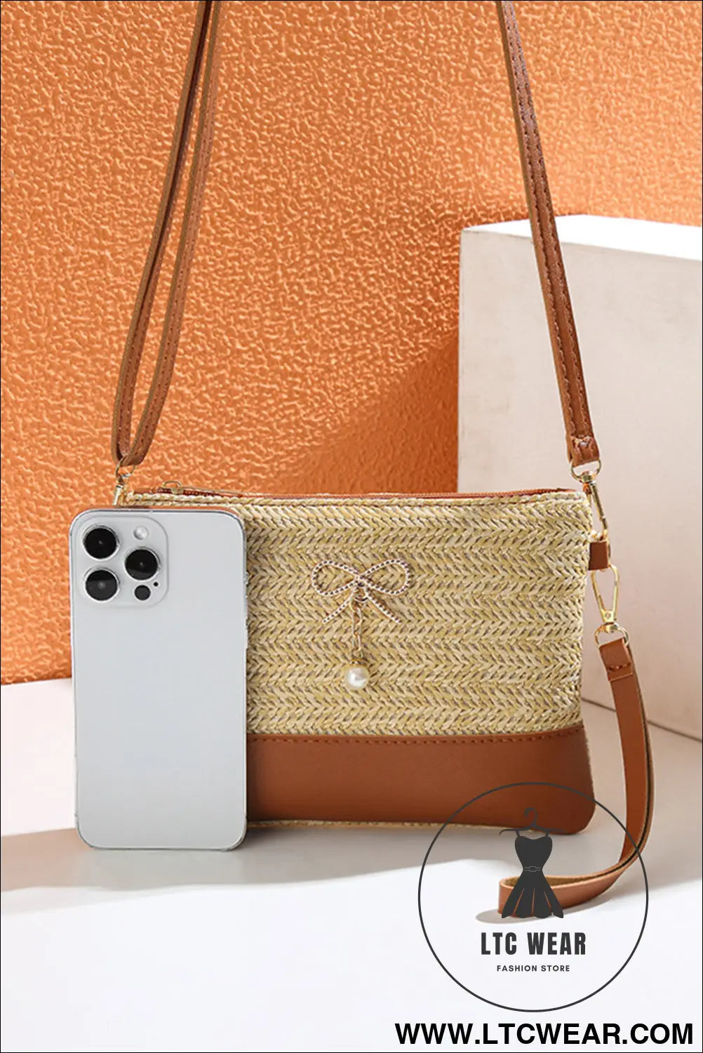 Beige Bow Pearl Decor Straw PU Leather Patched Crossbody Bag - L.T.C Wear Online Fashion Store