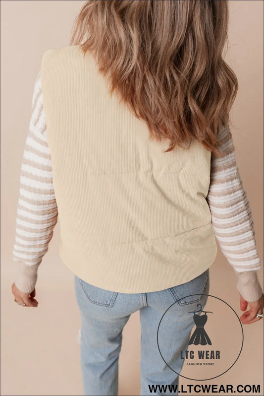 Beige corduroy stand neck zipped puffer vest - vests