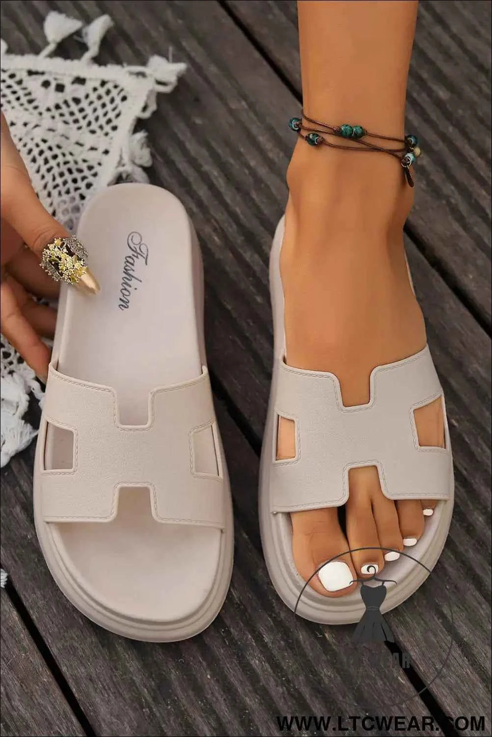 Beige Cutout Design Open Toe Platform Slippers (Run Small, Size Up)