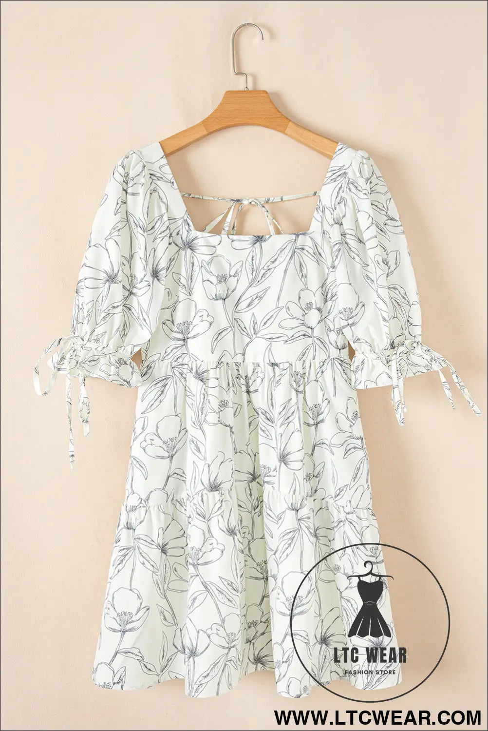Beige floral print square neck shirred back puff sleeve mini dress - floral dresses