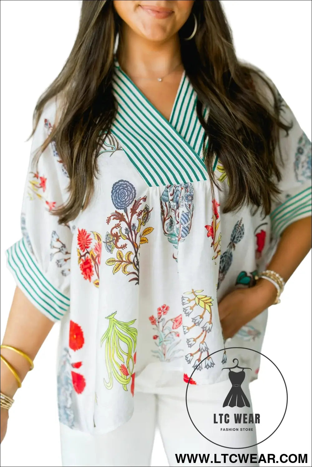 Beige floral print striped contrast trim v neck half sleeve blouse - blouses & shirts