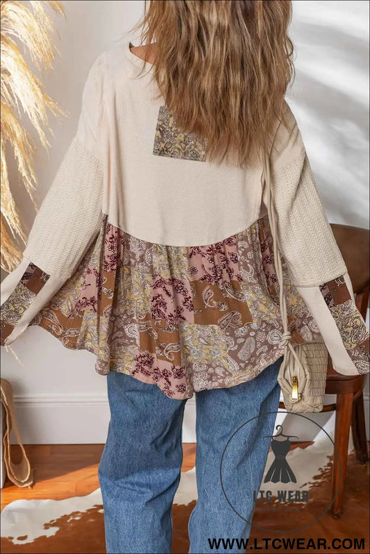 Beige Paisley Ethnic Print Waffle Patchwork Long Sleeve Loose Top