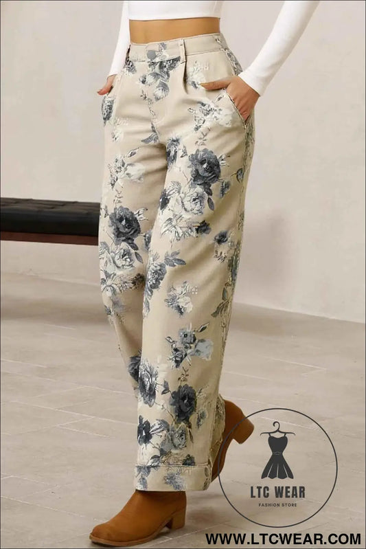 Beige Retro Floral Print Turn-up Cuffed Hem Loose Jeans