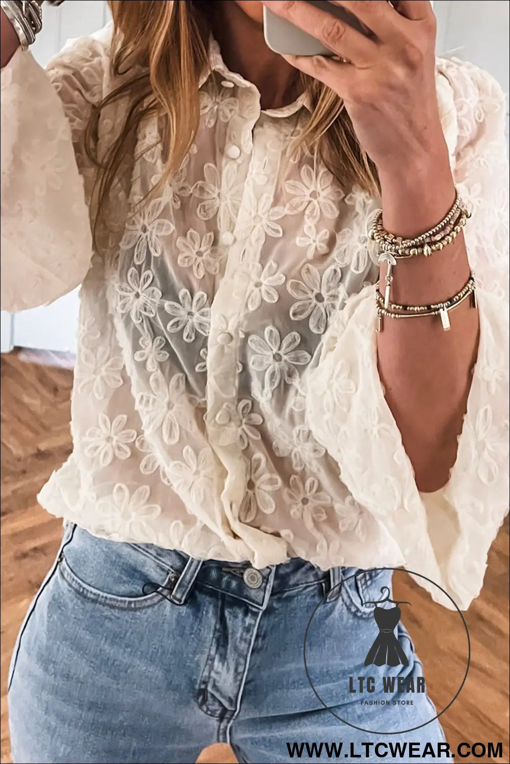 Beige Sheer Jacquard Floral Button-Down Long Sleeve Shirt