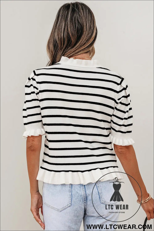 Beige Stripe Ruffle Trim Button Down Knit Short Sleeve Sweater Cardigan
