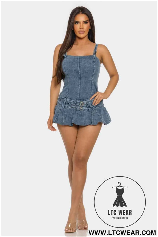 Belted Denim Mini Romper Dress