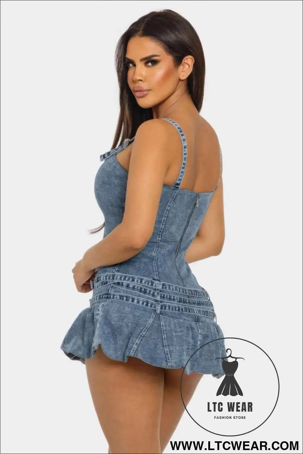 Belted Denim Mini Romper Dress
