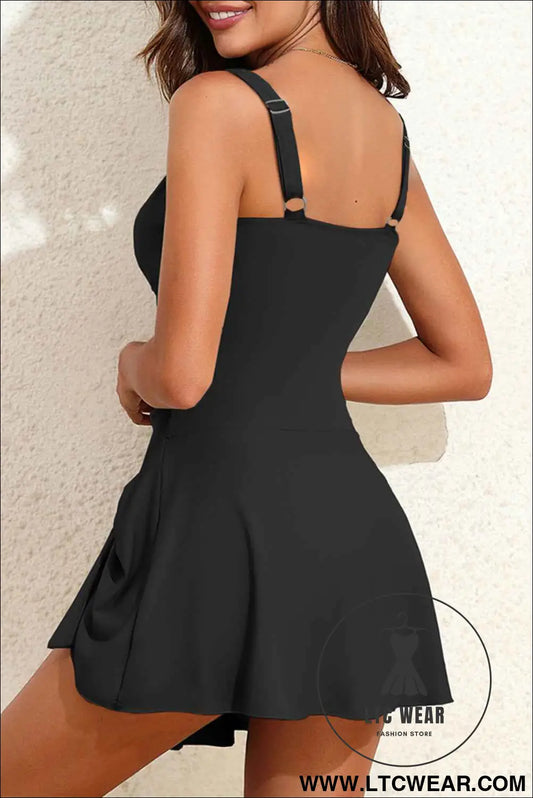 Black Adjustable Straps Cutout Ruched Knot Slit One Piece Swim Dress