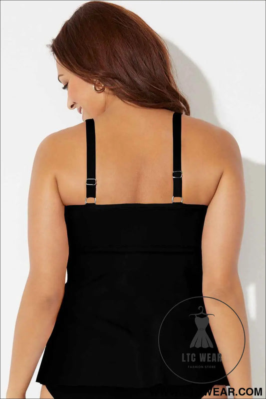 Black Crossed V Neck Adjustable Strap Babydoll Tankini Top