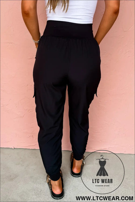 Black Elastic High Waist Pocketed Cargo Jogger Pants