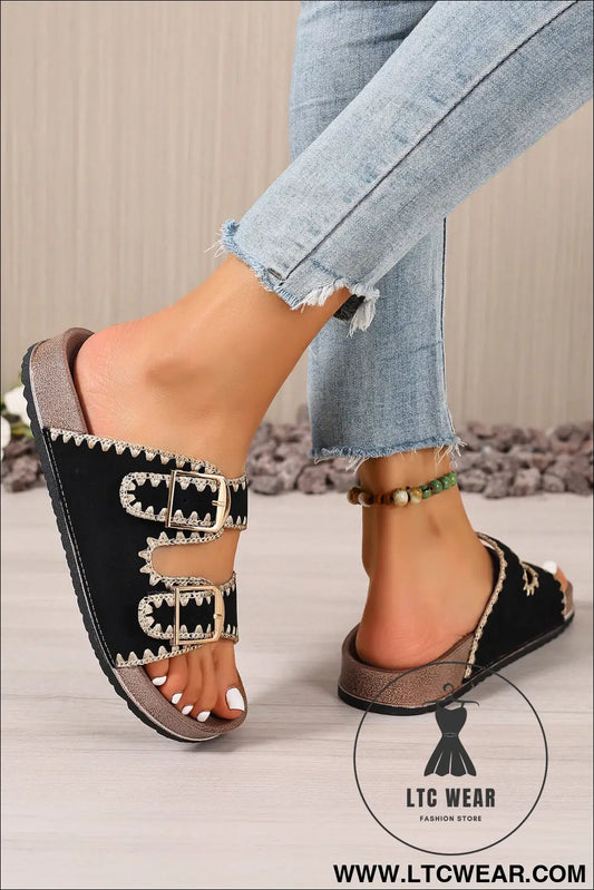 Black Embroidered Trim Retro Buckle Faux Suede Slippers - L.T.C Wear Online Fashion Store