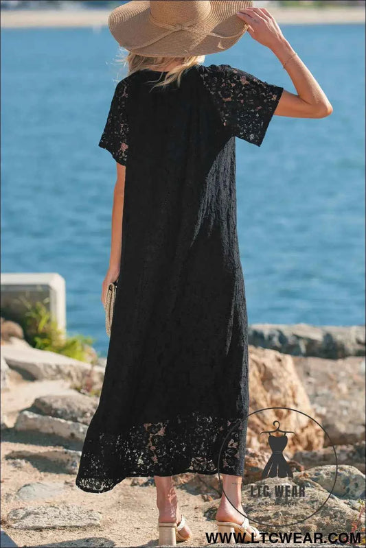 Black Floral Lace Overlay Tassel Tie Short Sleeve Beach Vacation Loose Maxi Dress