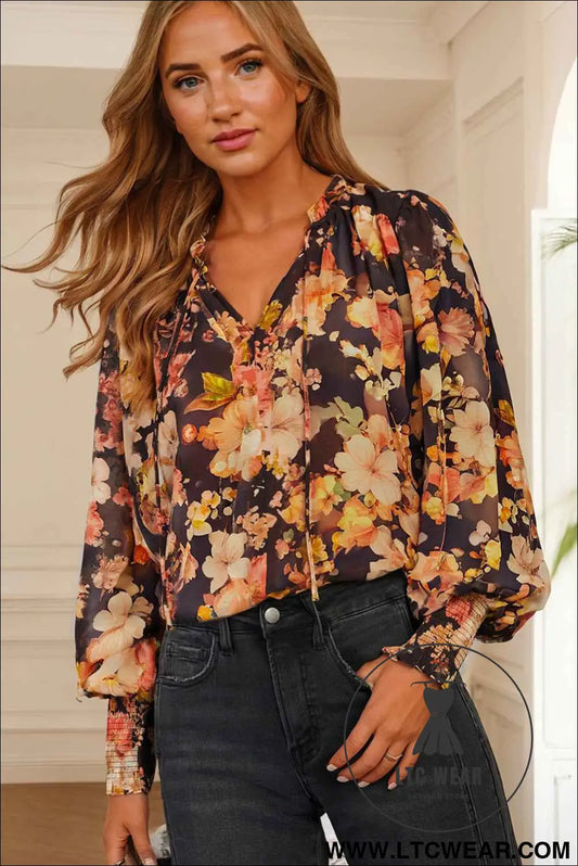Black Floral V Neck Long Puff Sleeve Breezy Blouse