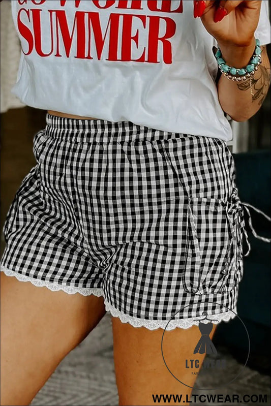 Black gingham lace trim shorts with pouch pockets - casual shorts