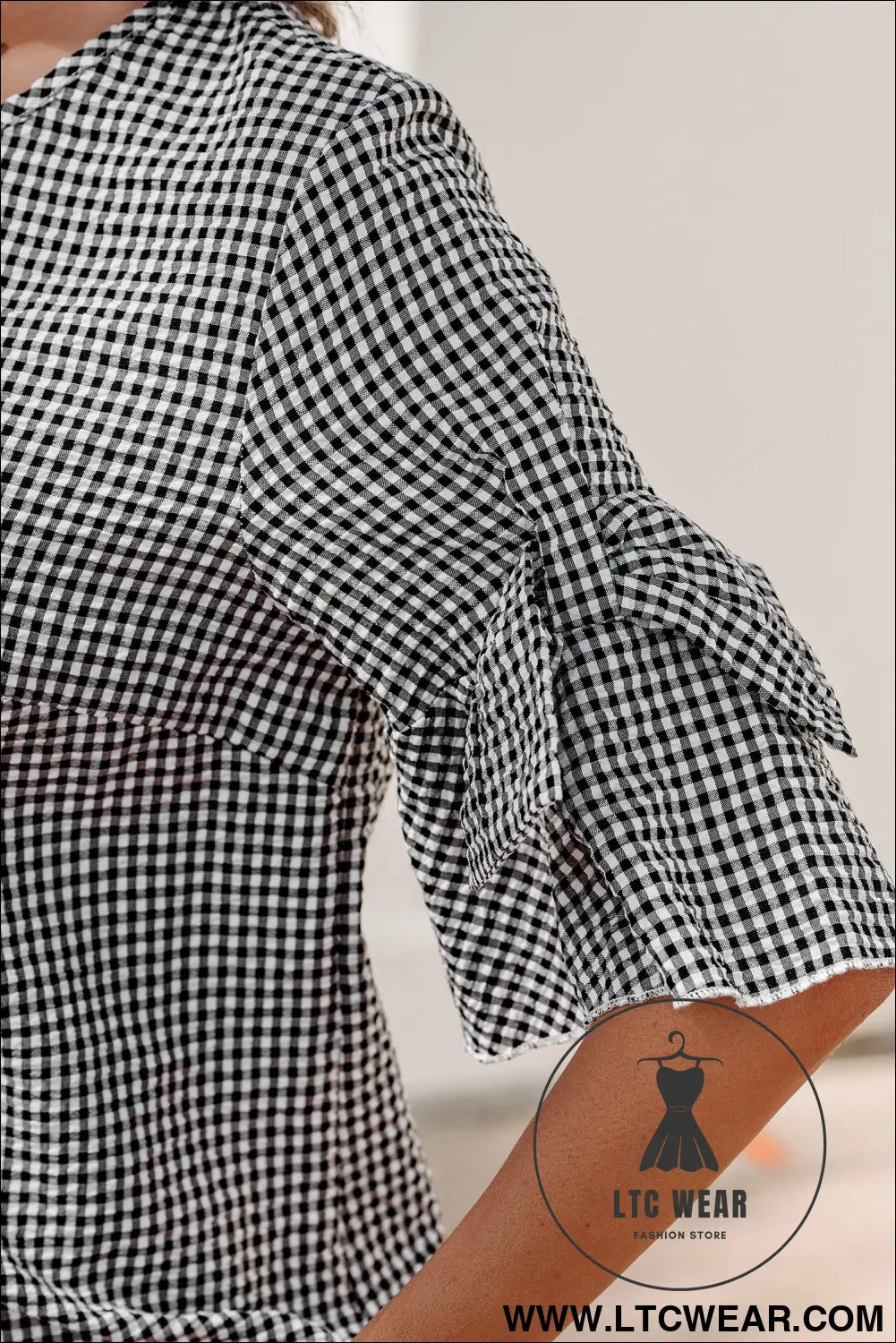 Black Plaid Bow Ruffled Half Sleeve Round Neck Blouse - L.T.C Wear Online Fashion Store
