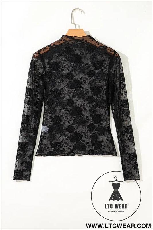Black plus size floral mesh long sleeve top - plus size long sleeve tops