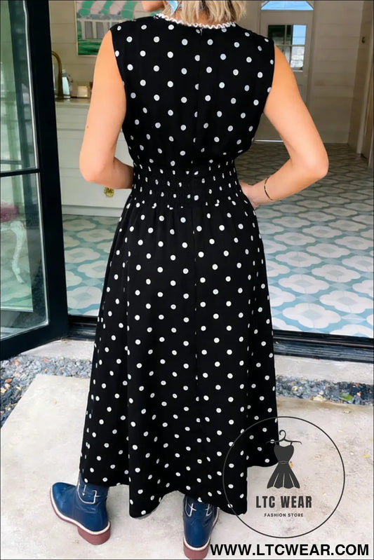 Black polka dot print contrast trim v neck zip up sleeveless dress - maxi dresses